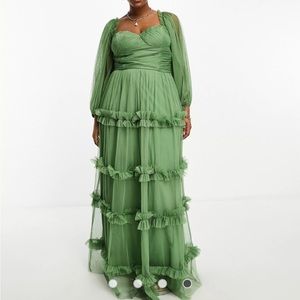 Lace & Beads Plus sheer sleeve ruffle maxi dress in olive
